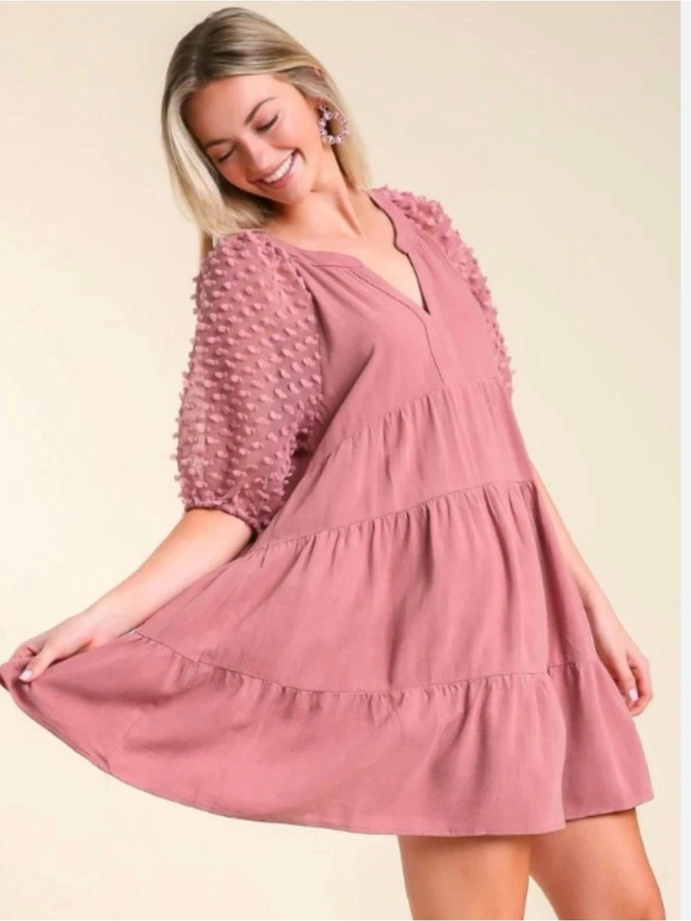 Umgee Dusty Rose Mini Tiered Dress with Textured Puff Sleeves Size Small